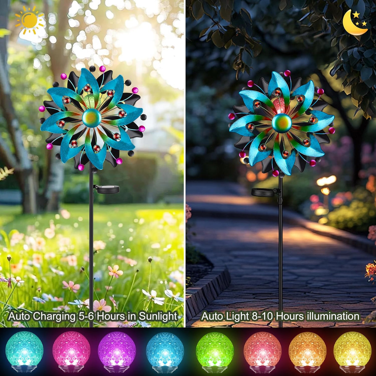 Solar Wind Spinners Outdoor - 58.8 inch Large Metal Kinetic Art Wind Sculptures Solar-Powered Multi-Color Lights Glass Ball with 360° Swivel Waterproof Windmill for Yard Garden Patio Lawn Decor