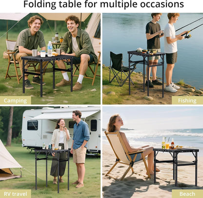 Anbte 2ft Folding Camping Table, 3 Adjustable Height Max 29.5", 23" x 16" | Aluminum Small Folding Table with Storage Net &Portable Handle, Lightweight,for Travel Outdoor Beach Picnic Camping, Black