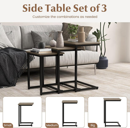 Giantex Nesting Coffee Table Set of 3, Stackable Square End Table w/Wood Grain Tabletop & Heavy-Duty Metal Frame, Farmhouse C-Shaped Accent Table for Small Space, Living Room, Bedroom (Black Oak)