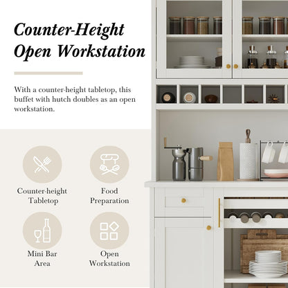 Kitchen Pantry Storage Cabinet with Wine Rack and Adjustable Shelves, Freestanding Buffet Cabinet with Hutch, White