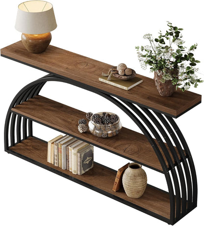 Tribesigns 63-Inch Console Table for Entryway, Farmhouse Entryway Table with Arched Frame, 3-Tier Industrial Sofa Console Behind The Couch for Living Room, Foyer, Hallway, Rustic Brown & Black