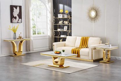 1 Piece Living Room End Table Luxury Faux Marble Sofa Side Table, Modern White Gold End Table with U-Shape Stainless Steel Pedestal Base