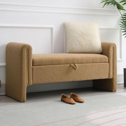 52" Upholstered Storage Bench, Brown, Armrests, Wood Frame | Mid-century storage ottoman bench, soft fabric, high-density foam. Perfect for end of bed, entryway, living room, bedroom.