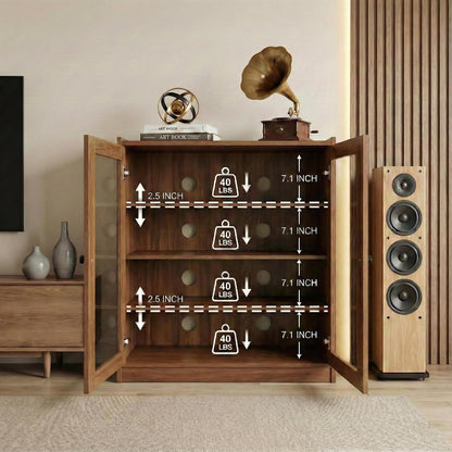 holzart Audio Stereo Cabinet with Glass Doors, 35.4" Tall Vintage AV Component Media Stand, Record Player Stand with Adjustable Shelves & Cable Management, Rustic Brown