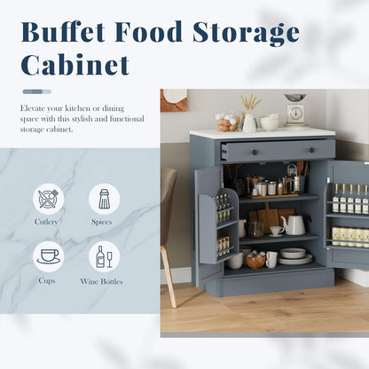 Modern Freestanding Kitchen Pantry & Buffet Food Storage Cabinet with Drawer, 2 Adjustable Shelves, 2 Door Shelves, Faux Marble Countertop - Ideal for Dining, Kitchen, and Coffee Bar (Gray)