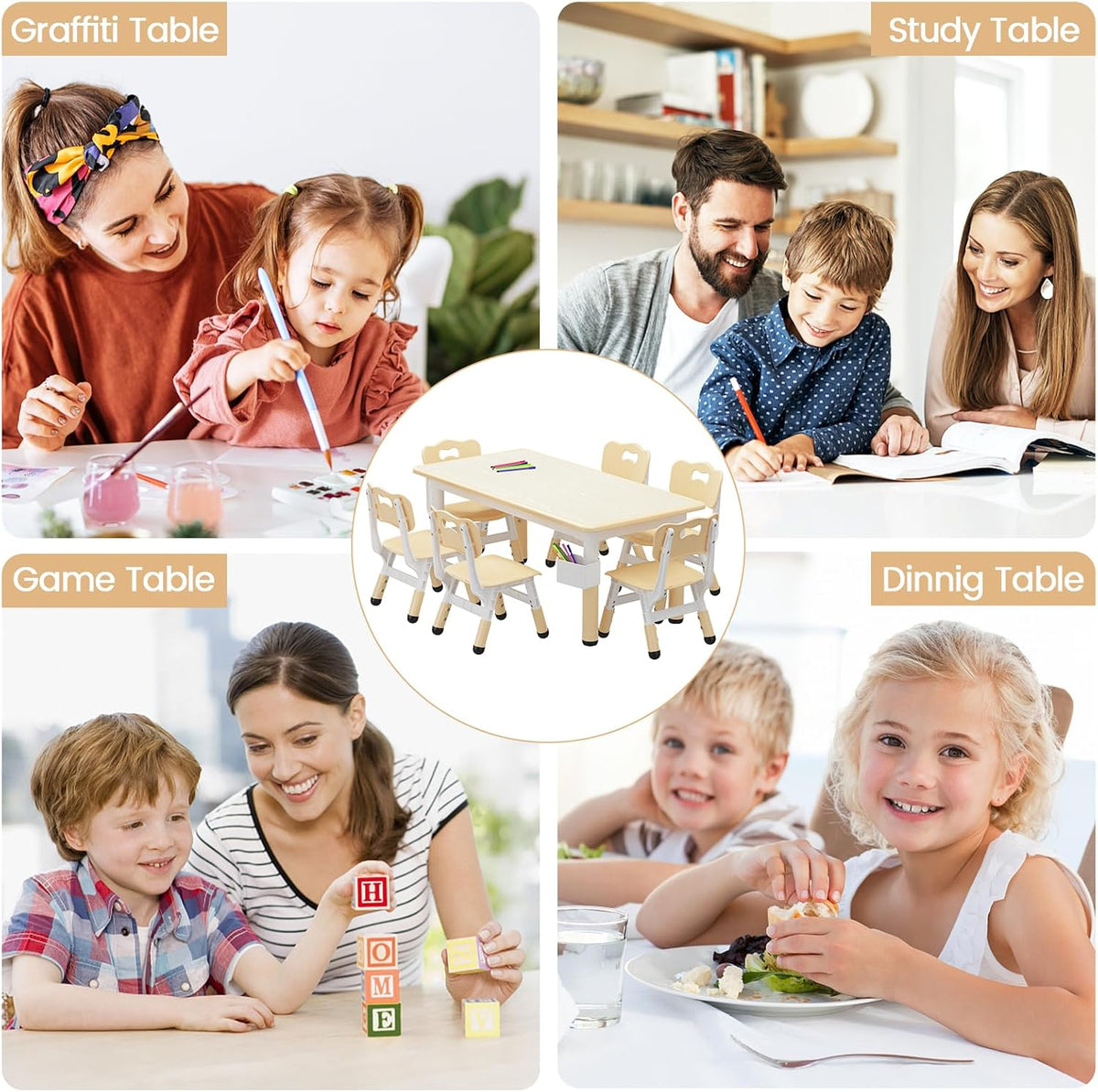 OUTLANE Kids Table and 6 Chairs Set, 47.2"X23.6" Activity Table with Anti-Slip Pads, Wooden Toddler Table and Chair Set with Storage Box, Art Craft Desk for Home Classroom Daycare, 12 Color Pens