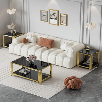 Glass Coffee Table Set of 3, End Table Modern Living Room Table Rectangle Clear Tempered Glass Stainless Steel Leg, Square Side Table for Home Furniture Set (Black, 43" Set of 3)