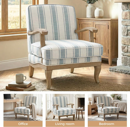 HULALA HOME Farmhouse Striped Accent Chair with Solid Wood Legs, Blue | Comfy Upholstered Patterned Armchair with Curved Armrests, Removable Cushion, for Living Room Bedroom Reading