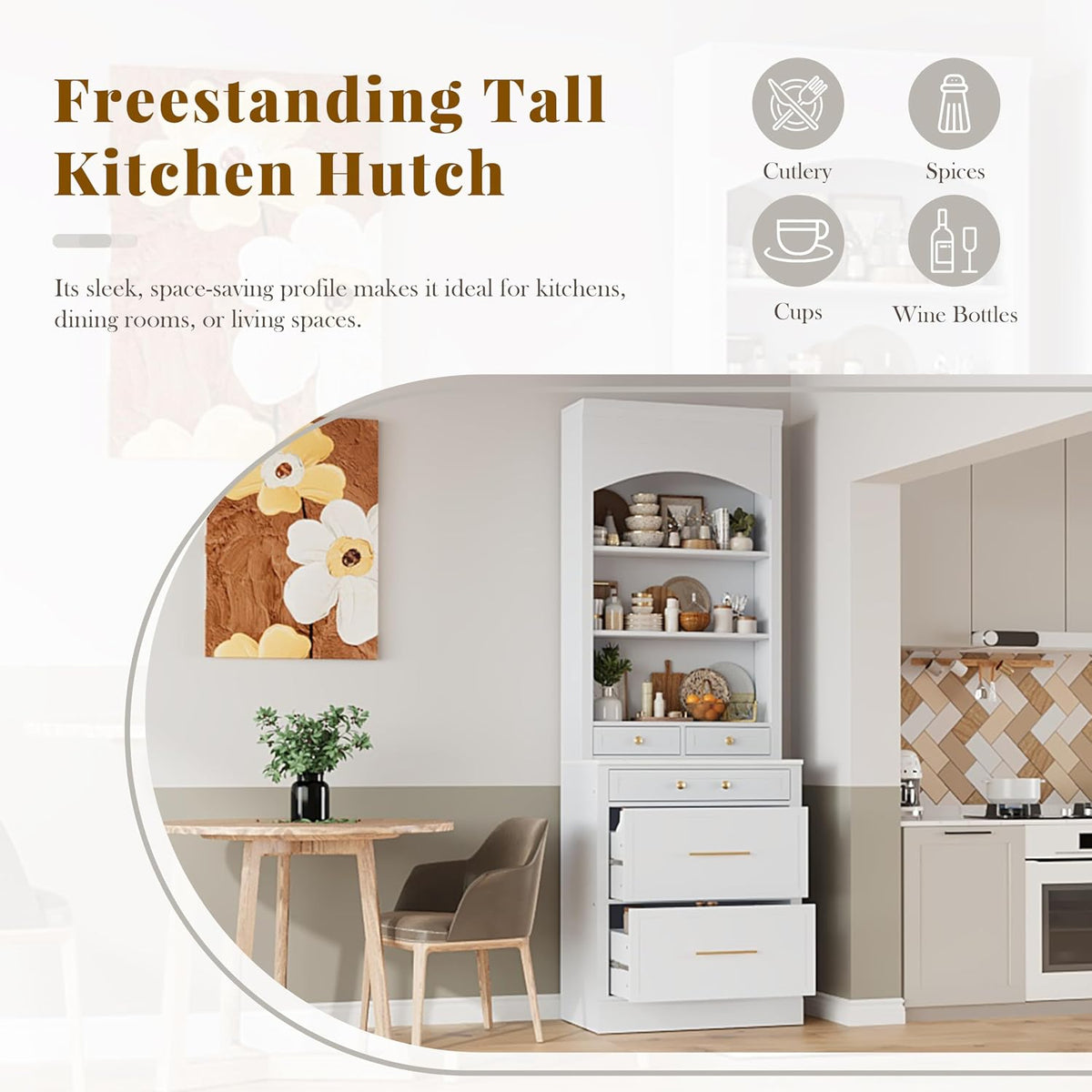 83.7" Tall Kitchen Pantry, Modern Storage Cabinet with 5 Drawers 1 Adjustable Shelf, Freestanding Kitchen Hutch with Faux Marble Top (White,1)
