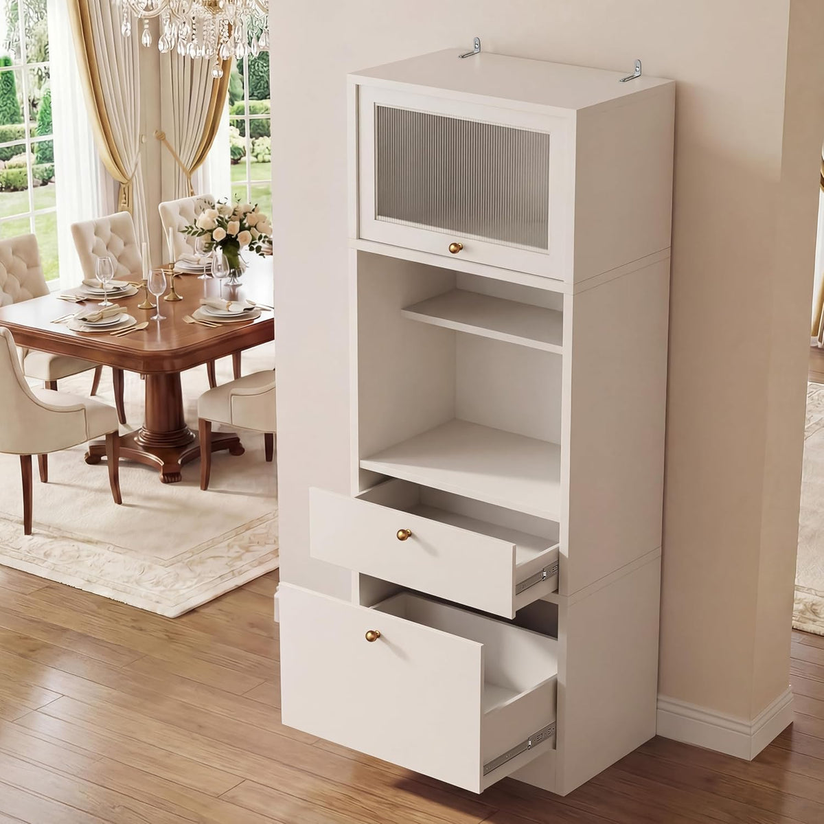 71" Tall Pantry Cabinet, Freestanding Storage Cabinet with Doors and Adjustable Shelves, Drawer & Anti-Tip Kit, E1-Grade Wood, Warm White for Kitchen Pantry Bathroom Storage