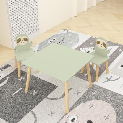 Kids Table and Chair Set with 2 Sloth Chairs 23.6" x 23.6" x 17.3" Solid Wood Table & Chairs in Sage Green & Natural Wood