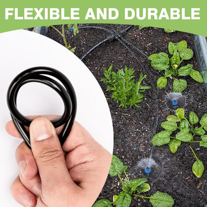 100FT 1/4 inch New Quick-Connect Drip Irrigation Kit Distribution Hose Tubing for Garden Irrigation System (Includes 2 Pcs 6-Way Connector, 5 Pcs 1/4" Tee and 10 Pcs End Plugs)