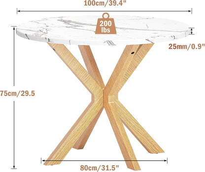 DlandHome Round Dining Table for 4, 39.4 Inches Kitchen Table with X Shaped Wooden Pedestal Base, Circle Dinner Tables for Dining Room, Kitchen, Living Room(Table Only), Marble & Oak Color