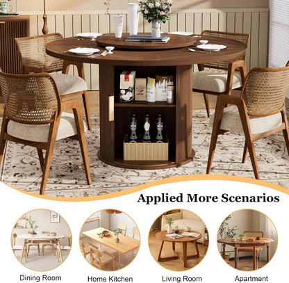 55'' Round Dining Table for 4-6, Mid-Century Modern Kitchen Table with Rotating Tray and 2-Layer Storage Shelf, Wood Slide Door Dining Room Table for Home Living Room, Walnut