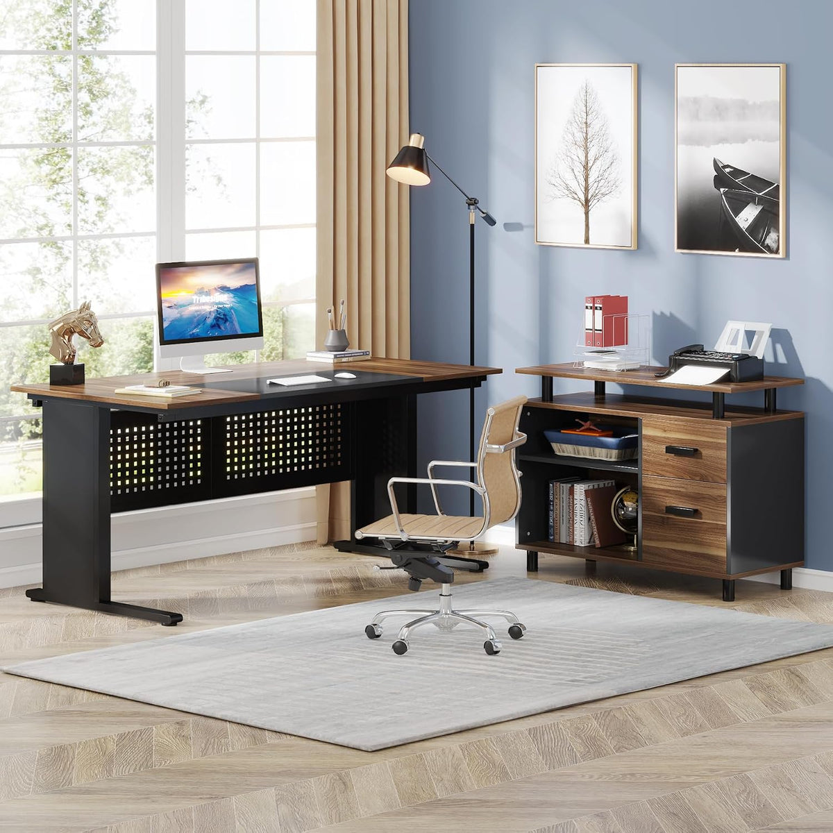 Tribesigns 63 Inch Executive Desk with Filing Cabinet, L Shaped Office Desk | Large Office Desk with File Drawer, L Shaped Desk with Storage, Computer Desk for Home Office, Easy Assembly, Brown and Black