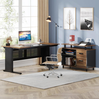 Tribesigns 63 Inch Executive Desk with Filing Cabinet, L Shaped Office Desk | Large Office Desk with File Drawer, L Shaped Desk with Storage, Computer Desk for Home Office, Easy Assembly, Brown and Black