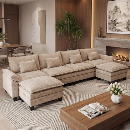 URRED Oversized Modular Sectional Sofa, 157" U Shaped Modern Comfy Cloud Couch with Movable Ottoman & Pillows, Deep Seat Couches for Living Room, Bedroom or Apartment (Chenille Khaki, 157" U Shaped)