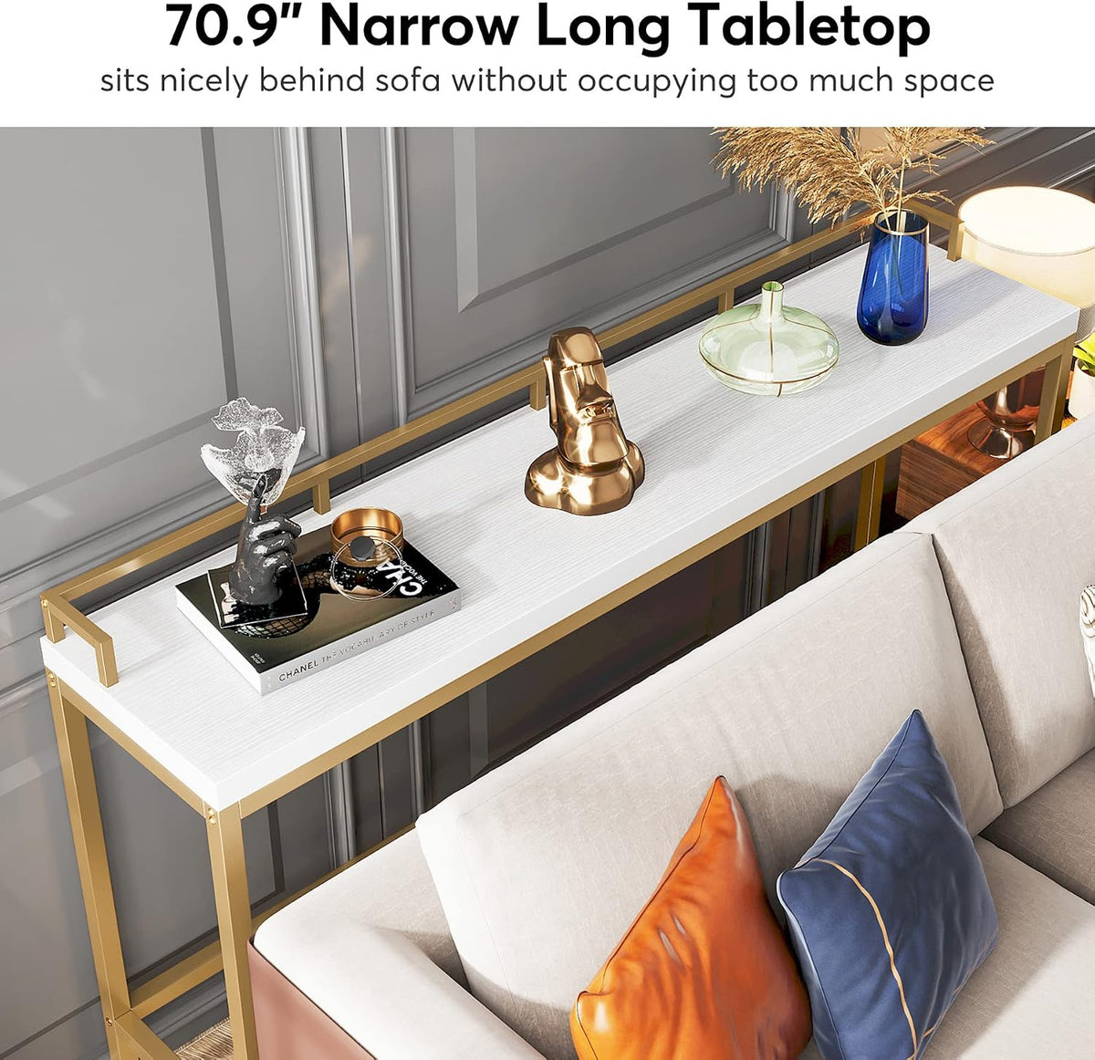 Tribesigns 70.9 inch Extra Long Sofa Table, Narrow Console Table Behind Couch, Modern Entryway Table Skinny Hallway Table for Living Room (White+Gold)