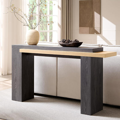 OKD 63" Geometric Console Table with Layered Top, Natural Oak & Dark Alder | Extended Layered Top, Sturdy Support Legs, Entryway, Hallway, Foyer, Living room, Behind Sofa