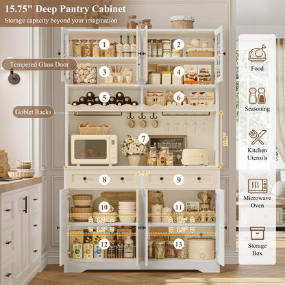 HOSTACK 75" Kitchen Pantry Storage Cabinet, Coffee Bar Hutch Cabinet, White | Tall Pantry Cabinet with Charging Station / Wide Countertop / Glass Doors / Wine Rack / Cup Holder / Drawers, Dining Room