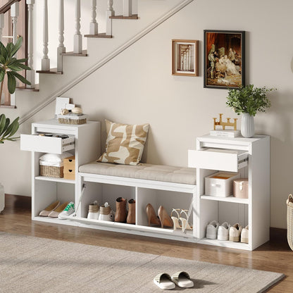 Entryway Bench with Shoe Storage, Solid Wood Shoe Bench with Cushion and Drawers, Open Shelves, Storage Bench for Entry Way, Living Room, Hallway, White