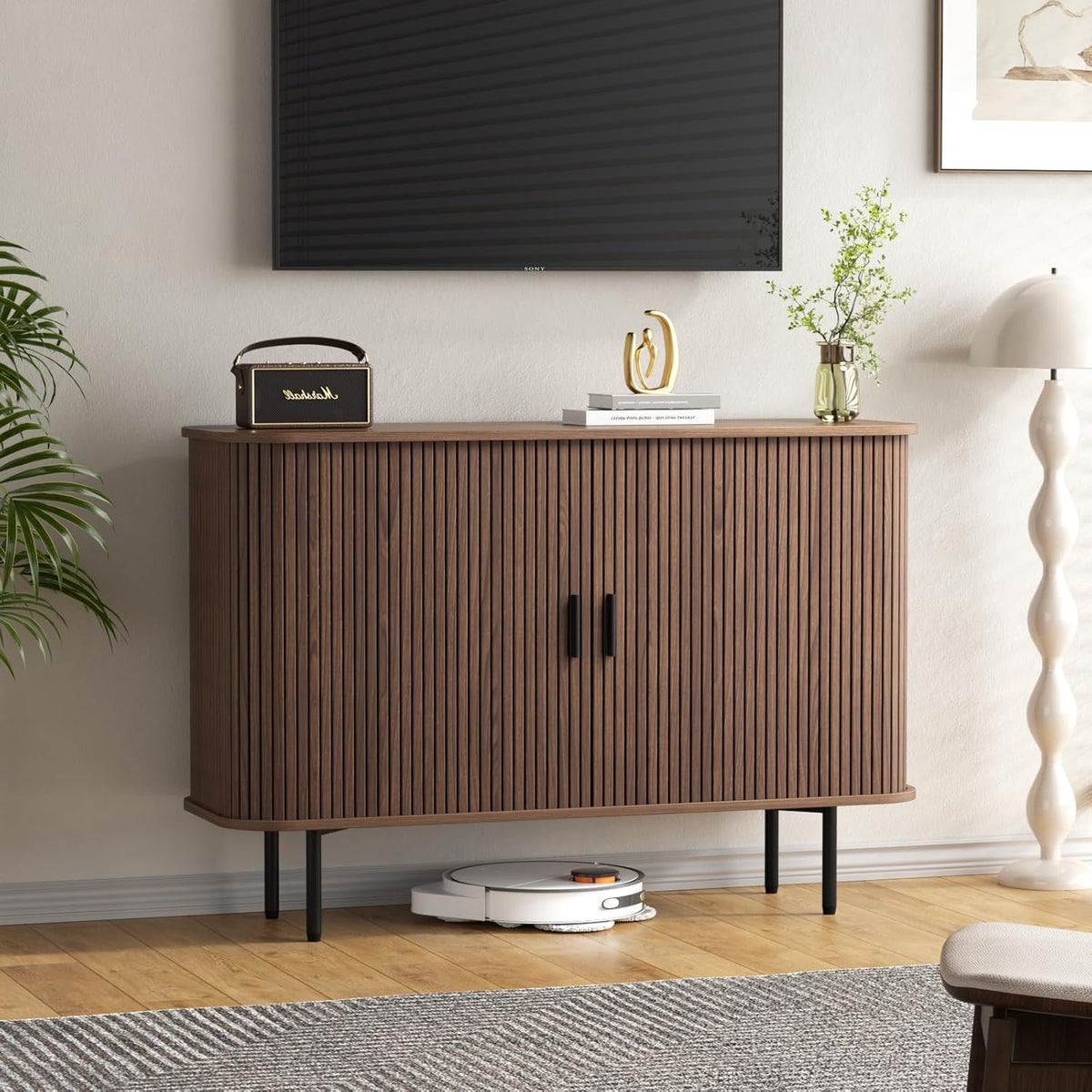 FiveWillowise 47''W x 32''H Buffet Sideboard Cabinet with Storage, Fluted Storage Accent Cabinet with Curvy Edge, Sliding Door, Credenza, Console Table for Living Room, Kitchen, Walnut