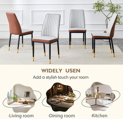 Dining Room Chairs Set of 6, Leather Two-Tone Leather Upholstery Kitchen Chairs with High Back, Vertical Channel Stitching, Powder-Coated Black Metal Legs for Dining Room, Kitchen, Living Room
