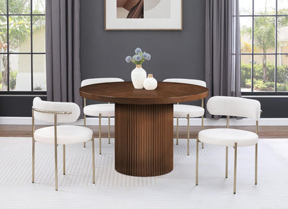 Meridian Furniture 728Brown-T Belinda Collection Mid-Century Modern Dining Table, Solid Wood Base, Brown Finish Oak Wood Veneer MDF Top, Round Top, Fluted Base, 48" W X 48" D X 31" H, Brown
