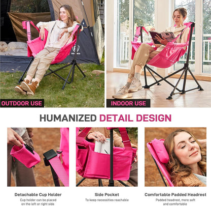 EVER ADVANCED Padded Oversized Hammock Camping Chair, Compact Heavy Duty Swing Chair with Multi-Storage Pockets, Portable Folding Rocking Camping Chair, Support Up to 400lbs, Pink