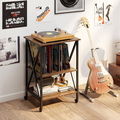 Giantex Record Player Stand with Charging Station, Turntable Stand with Record Storage & 4 Rolling Wheels, Vinyl Record Storage Table up to 250 Albums for Living Room, Bedroom (Dark Brown)