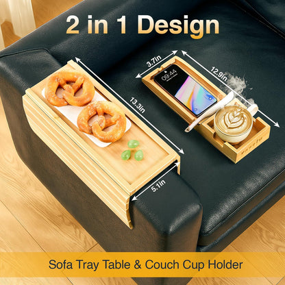 Bamboo Sofa Armrest Tray - Couch Arm Tray with Detachable Couch Cup Holder - 2 in 1 Anti-Slip Foldable Sofa Armchair Caddy Table - Cup Holder for Drinks Cellphone TV Remote Snacks