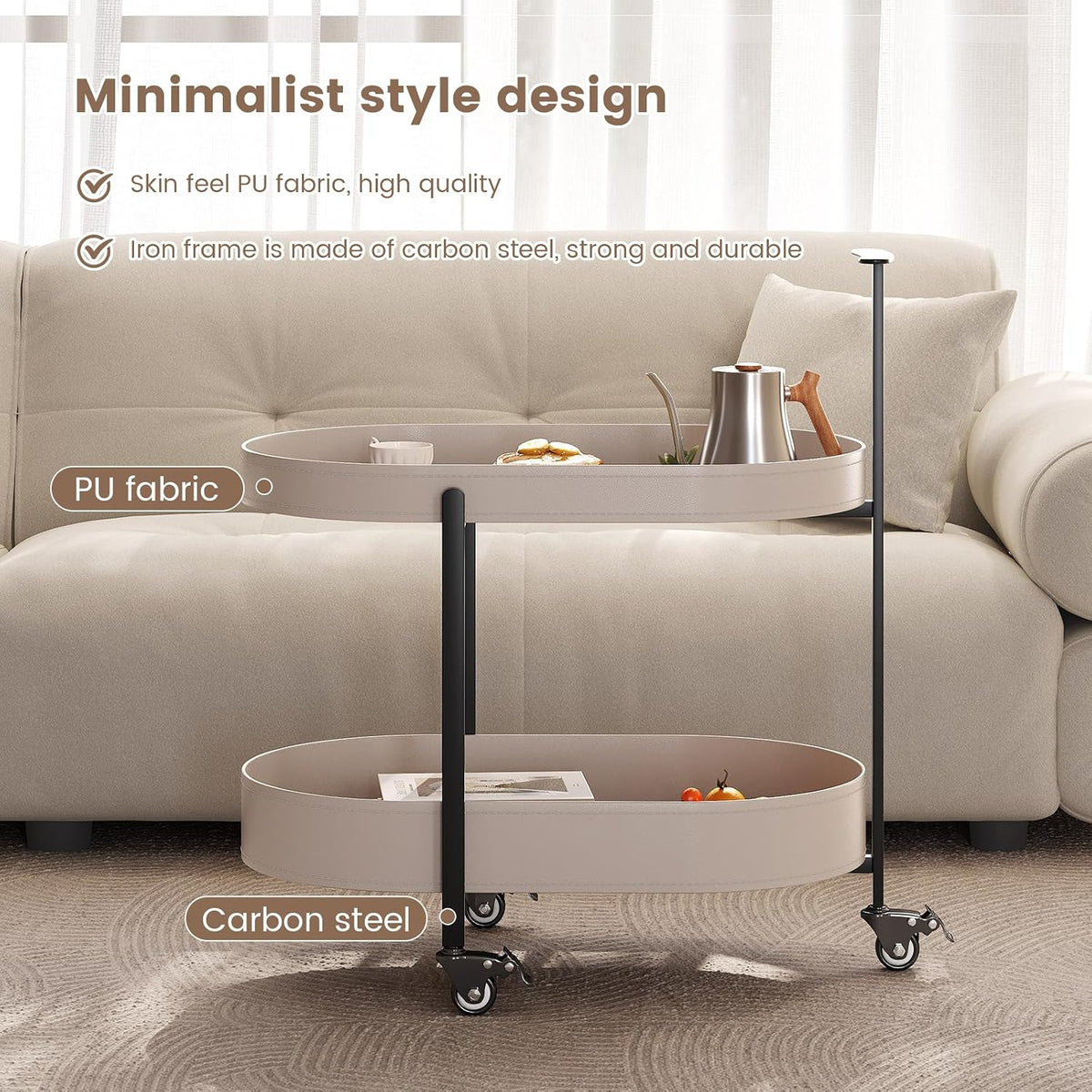 Guyii 2 Tiers Storage Rolling Cart 360 Rotating Side Table Modern End Table Living Room Table with Wheels Easy to Move for Living Room Bedroom Kichen Bathroom Pu Leather