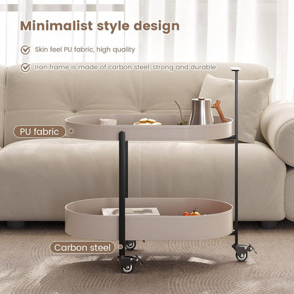 Guyii 2 Tiers Storage Rolling Cart 360 Rotating Side Table Modern End Table Living Room Table with Wheels Easy to Move for Living Room Bedroom Kichen Bathroom Pu Leather