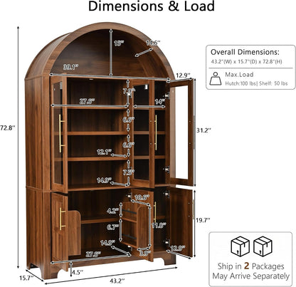 73" Tall Arched Kitchen Pantry with Three Glass Doors,Door Shelves & Adjustable Shelves, Tall Cupboard for Dining Room, Bathroom (Walnut-CW)