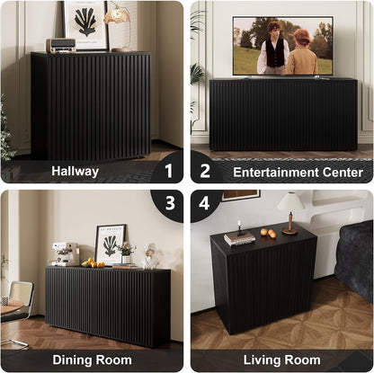 Rophefx Fluted Sideboard Cabinet, 94.5" Buffet Cabinet with Storage, Credenza Storage Cabinets with Adjustable Shelf, Wood Entryway Cabinets with Pop-up Doors for Living Room, Entryway, Hallway, Black