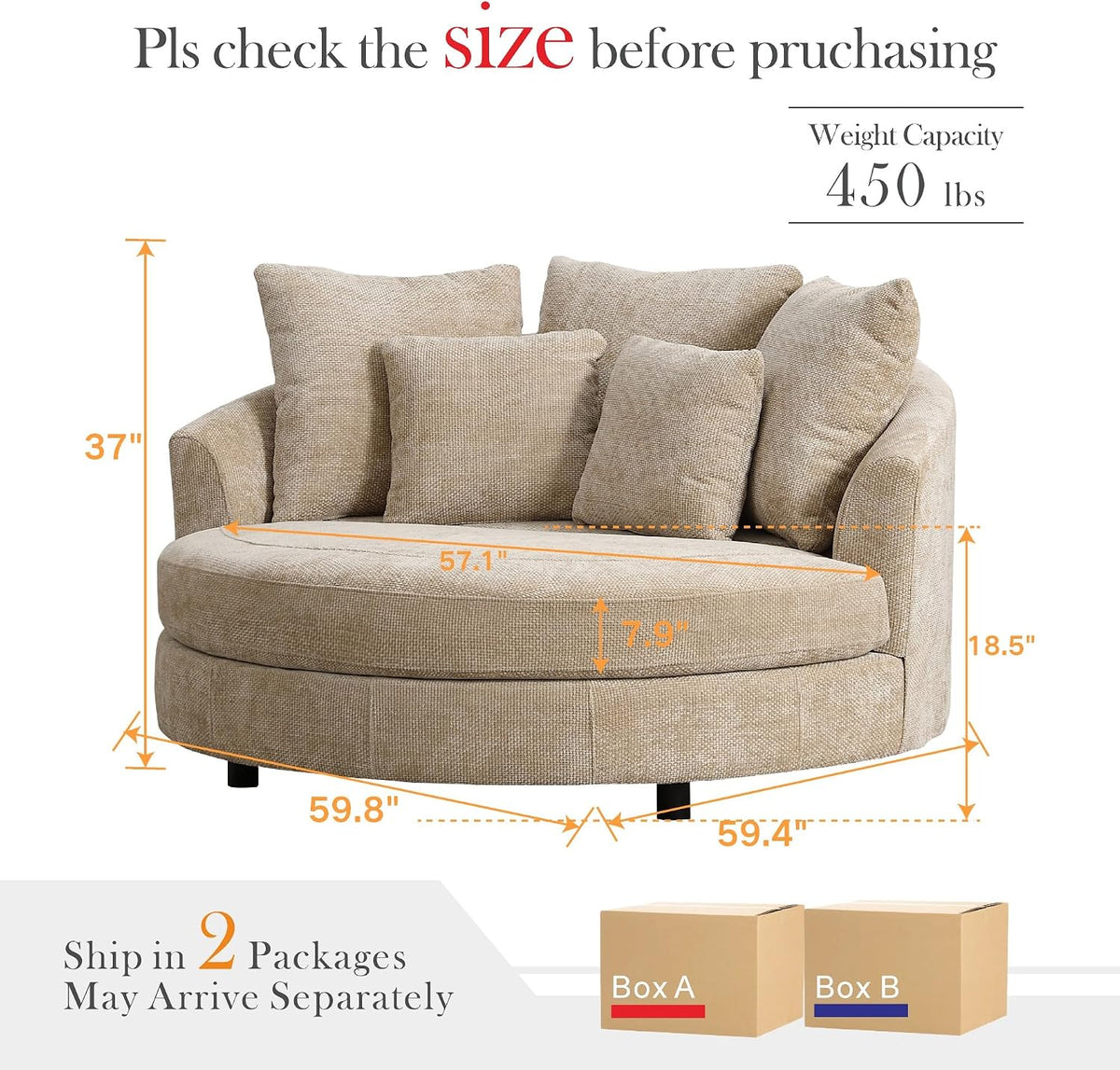 Aoiy & Wifon 59.8" W Oversized Barrel Chairs, Round Accent Chair with Wheels, Extra Large Living Room Chair, Knitted Chenille, Wheat