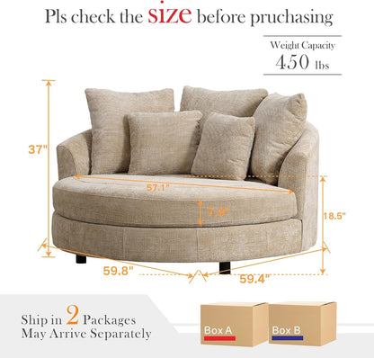 Aoiy & Wifon 59.8" W Oversized Barrel Chairs, Round Accent Chair with Wheels, Extra Large Living Room Chair, Knitted Chenille, Wheat