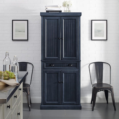 Crosley Furniture Seaside Coastal Pantry Storage Cabinet with Shelves, Kitchen, Dining, or Laundry Room, Distressed Navy