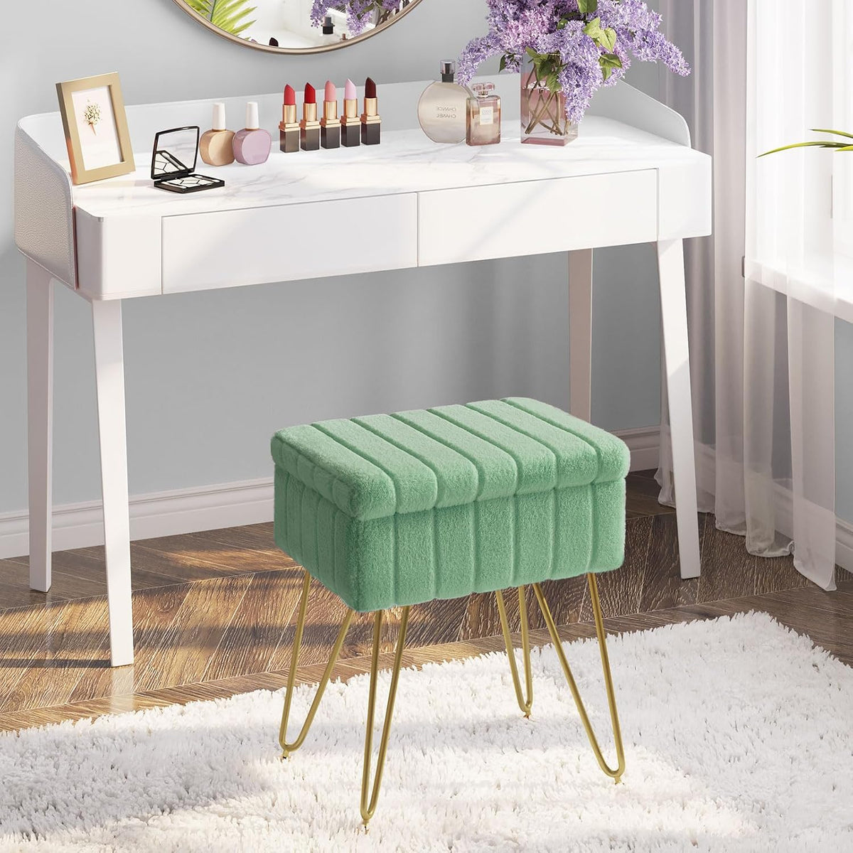 Greenstell Vanity Stool Chair Faux Fur with Storage, 15.7"L x 11.8"W x 19.4"H Soft Ottoman 4 Metal Legs with Anti-Slip Feet, Furry Padded Seat, Modern Multifunctional Chairs for Makeup, Bedroom,Green