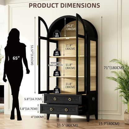 Vlsrka 71" Arched Curio Cabinet with Glass Doors, 4-Shelves Display Cabinet and 2 Drawers, Display Case with 3 Color Lights, Tall Bookcase, Kitchen Pantry, Black+Wood