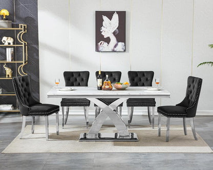 7 Piece Dining Table Set with Chairs, Faux Marble Dining Table and Black Chair Set for 6, White Silver Dining Room Table Set with X-Shape Stainless Steel Base, Morden Kitchen Table and Chairs for 6