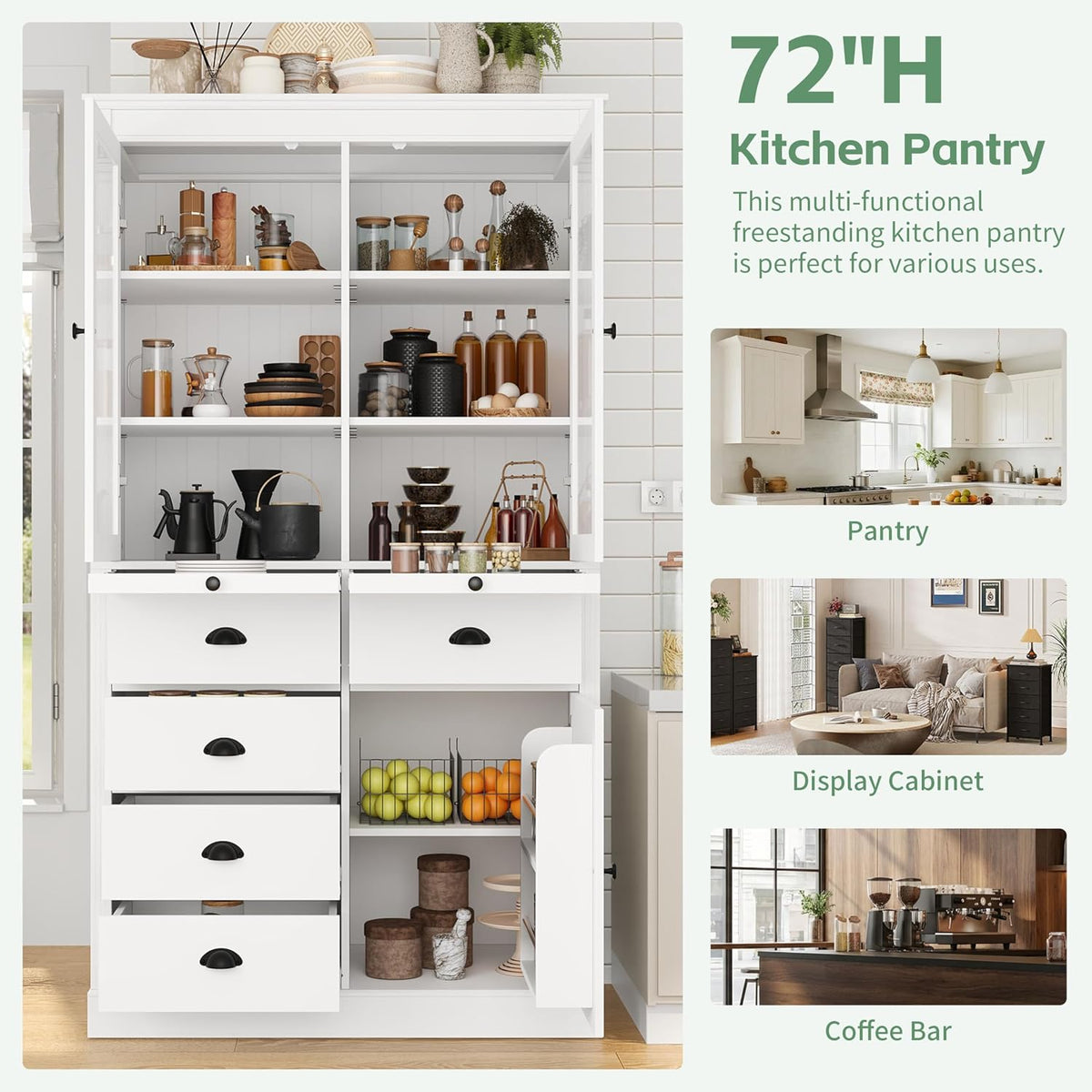 Vintage 72" Freestanding Kitchen Pantry with Glass Doors, Coffee Bar Station, Adjustable Shelves & Serving Trays for Dining & Living Room (White20)