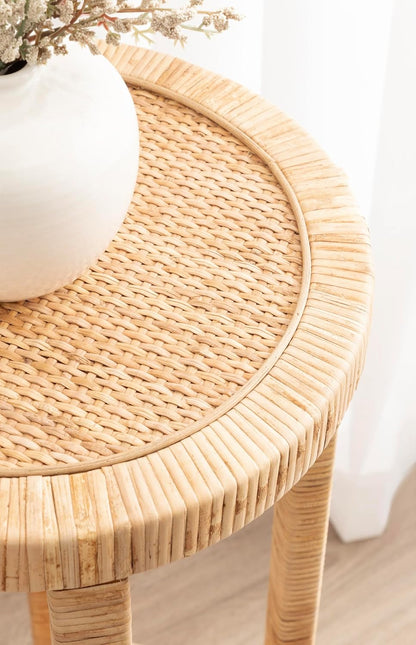 Kate and Laurel Rafina Round Rattan Drink Table, 13 x 13 x 28, Natural Brown, Transitional Boho Circle Wooden Accent Pedestal Table for Indoor Plant Stand or Living Room Decor Accent