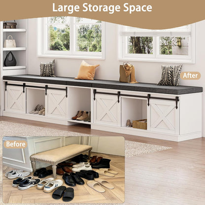 L Shaped Corner Bench with Storage, Farmhouse Breakfast Nook with Cushion & Sliding Barn Door, Entryway Shoe Storage Bench, Kitchen, Dining Room, Living Room, White & Grey