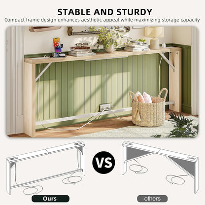 TIQLAB Sofa Table, 79 inch (1.2'' Thick Tabletop) Long Console Table Behind Couch, Narrow Entryway Table with Angled Metal Frame, Industrial Console Table for Entryway, Light Walnut
