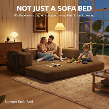 MoonSpeak 78.8'' Futon Sofa Bed, Couches for Living Room | Corduroy Convertible Futon Sofa Bed with Storage Pocket, Modular Sleeper Couch in a Box, No Assembly (Brown)
