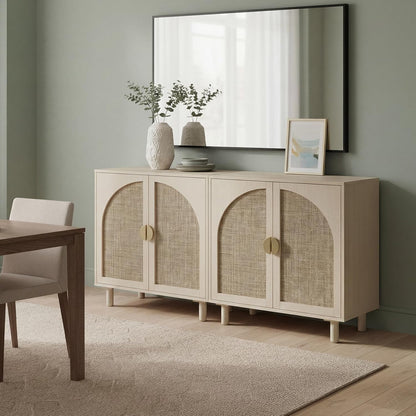 Rattan Cabinet, Storage Sideboard with 2 Doors, Beige Boho Buffet with Adjustable Shelf, Premium Wood Credenza. [Beige, 1pc]
