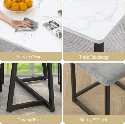 5-Piece Dining Table Set for 4, Modern Faux 47.24" Marble Kitchen Table with 4 Velvet Chairs, Stylish Small Dining Table Set for Apartments & Small Spaces