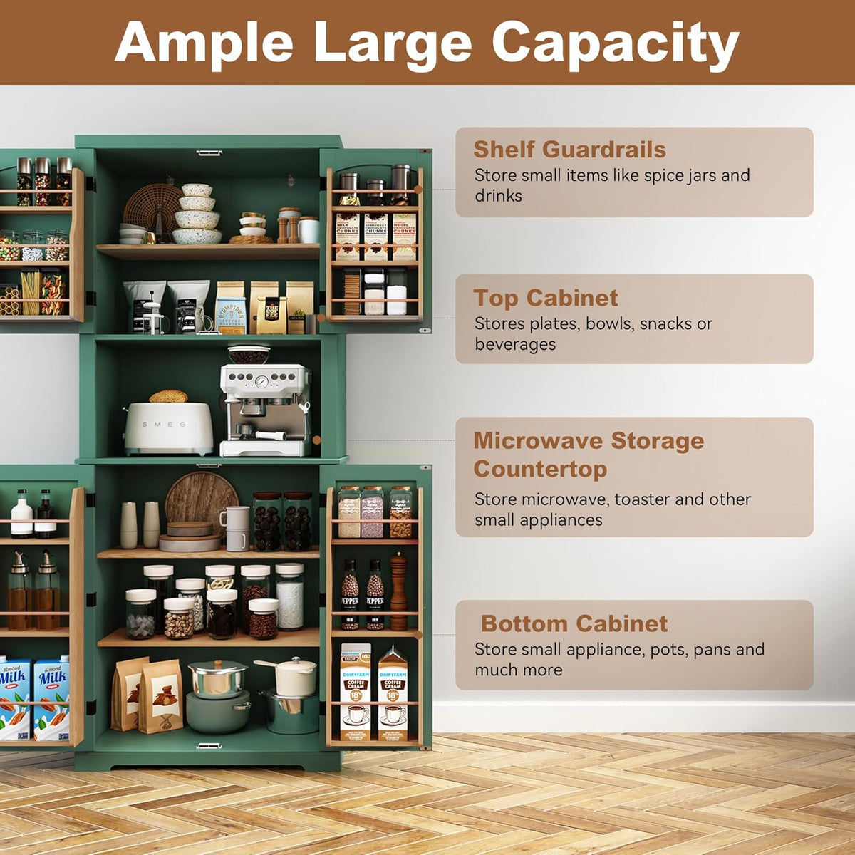 HLR 72" Kitchen Pantry Storage Cabinet with Open Countertop, Freestanding Larder Cupboard with Microwave Stand, Utility Laundry Room Storage Cabinet with Doors and Shelves for Dining Room, Living Room