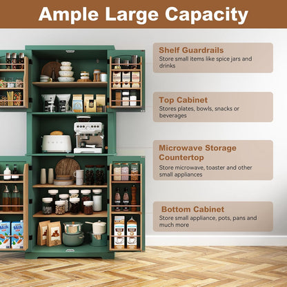 HLR 72" Kitchen Pantry Storage Cabinet with Open Countertop, Freestanding Larder Cupboard with Microwave Stand, Utility Laundry Room Storage Cabinet with Doors and Shelves for Dining Room, Living Room
